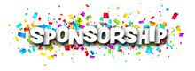 Banner with sponsorship sign over colorful cut out ribbon confetti background.