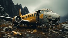 Gray wreckage of an aircraft on a rock beneath gloomy sky. Generative AI.