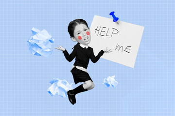 Wall Mural - Artwork collage image of mini black white effect unsatisfied girl big head jumping crumpled paper help me sticker isolated on blue background