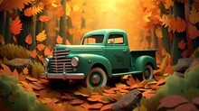 Cartoonized Truck In The Middle Of A Forest During Autumn, Fall Season.
