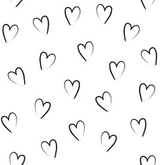 Seamless pattern with hand drawn black ink hearts on white background. Decorative design  for banners, flyers, cards and posters, for wedding invitations. Vector illustration.