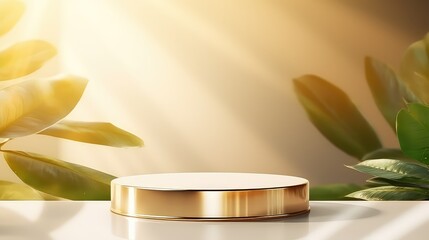 Golden product display stand background with sunlight and leaves