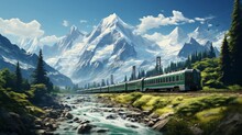 Photo Realistic Illustration Of Train Mountaines Green. Generative AI.