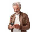  Middle aged man using her smartphone, internet, social media. Isolated on transparent background 