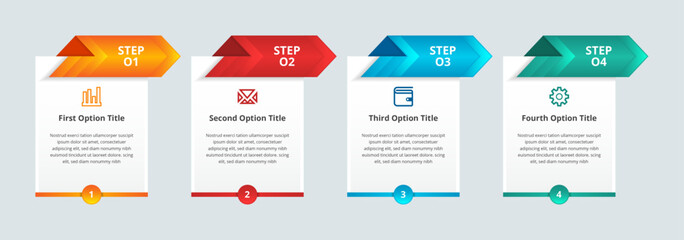 Poster - Progress bar with 4 arrows on top rectangular elements placed in horizontal row. Concept of four steps to business success. Minimal infographic design template. gradient vector illustration.