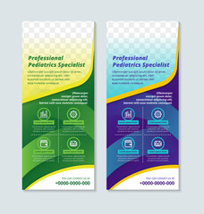 Poster - professioanal pediatric specialist roll up banner design template in vertical layout. green and blue