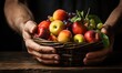 closeup of senior farmer's hands holding a basket with summer fruit with copy space defocused background photorealistic natural light . Generative AI