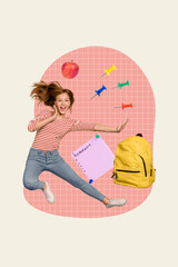 Poster - Vertical composition design collage template of funky jump girl planning her day in school prepare rucksack isolated on plaid background