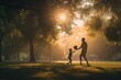 A photograph of a dad and child spending time together playing with ball in a park. Father's Day. Son's day. Generative AI.
