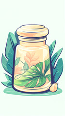 Poster - Glass jar with care product and tropical leaves, generative AI.