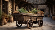 Rustic Wheeled Cart In An Old Plank Room In The Countrysi. Generative AI.