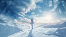Popular winter outdoor activities. hiker hiking with backpack and Nordic walking poles in the snow.