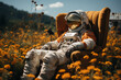 © Anastasiia Trembach - an astronaut in a spacesuit is sitting in a chair in a field with flowers