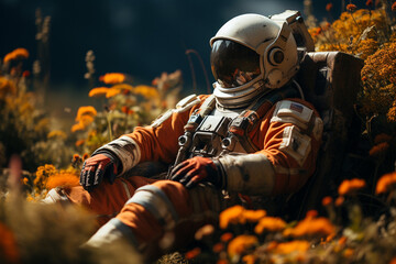 Wall Mural - an astronaut in a spacesuit is sitting in a chair in a field with flowers