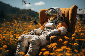 Wall Mural - an astronaut in a spacesuit is sitting in a chair in a field with flowers