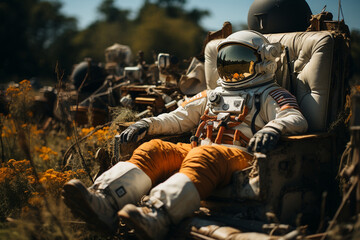 Wall Mural - an astronaut in a spacesuit is sitting in a chair in a field with flowers