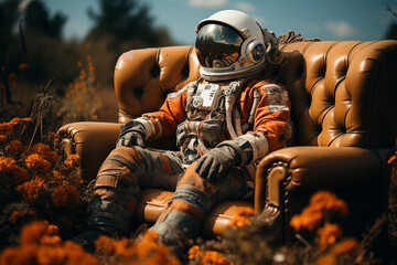 Wall Mural - an astronaut in a spacesuit is sitting in a chair in a field with flowers