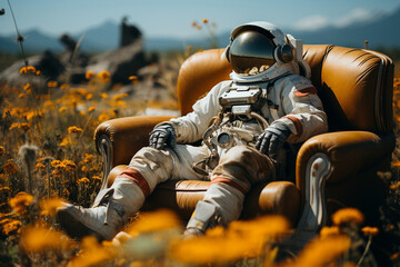 Wall Mural - an astronaut in a spacesuit is sitting in a chair in a field with flowers