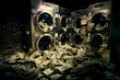 Flying money banknotes in a laundromat with washing machines, money laundering illustration concept