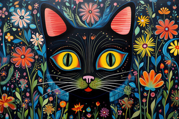 Naklejka na meble cat and flowers, naive art style