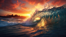 A Breaking Wave At Sunset.