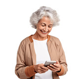 Fototapeta Uliczki - Elderly woman using her smartphone, internet, social media. Isolated on transparent background.