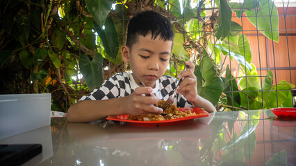 a little boy is eating fried rice