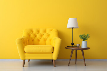 Poster - an armchair and a lamp in a yellow interior