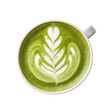 Matcha latte in white mug, isolated png with transparent background, top view photo, match latte art with rosetta pattern,  milk foam, green cappuccino in a cup