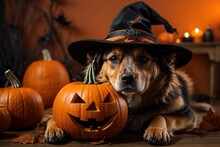 Black Dog In Black Witch Halloween Hat With Pumpkins, Ai Generated