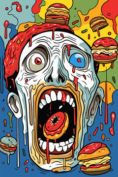 Portrait of a hungry zombie eating fast food. Creepy dead man with a hamburger in his mouth