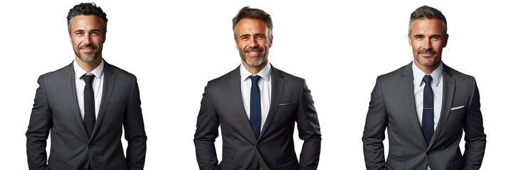 Wall Mural - Middle aged man in suit smiling and posing on transparent background