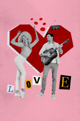 Sticker - Composite collage image of dating young couple boyfriend girlfriend play guitar have fun dating party discotheque heart shape figure enjoy