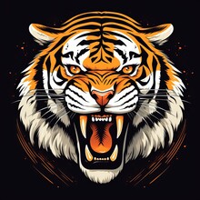 Tiger Head, Face For Retro Logos, Emblems, Badges, Labels Template And T-shirt Vintage Design Element. Isolated On Black Background