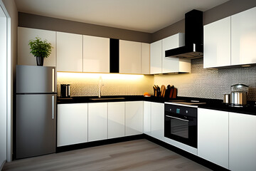 Stylish apartment interior, black countertop and refrigerator with modern kitchen. Idea for home design