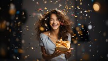 Happy Young Woman With Gift Box And Confetti At Christmas Party