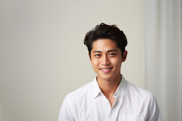 Portrait of a smiling young Asian man standing and looking at the camera with a grey background.