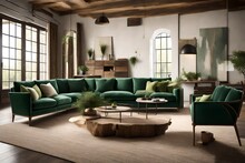 Rustic Interior Design Of Modern Living Room With Green Sofas 