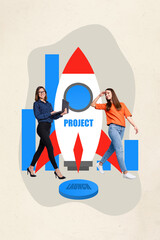 Sticker - Vertical composite collage of young two colleagues flying launch project rocket diagram women business team isolated on beige background