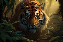 Portrait Of Sumatran Tiger In A Jungle (Panthera Tigris Sumatrae)