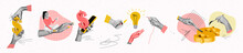 Creative Collage Collection Of Black White Colors Arms Pull Hold Dollar Money Sign Fork Knife Smart Phone Light Bulb Mini Girl Point Finger