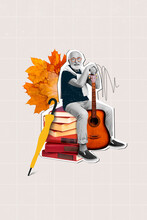 Vertical Collage Of Cool Black White Effect Grandfather Sit Big Pile Stack Book Hold Guitar Maple Leaves Umbrella Isolated On Grey Background