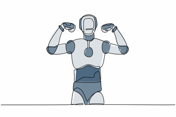 Wall Mural - Single continuous line drawing robot standing with gestures two hand fist up. Strong humanoid robot cybernetic organism. Robotic artificial intelligence. One line graphic design vector illustration