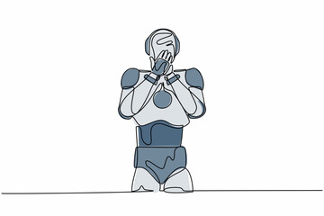 Poster - Single one line drawing robot standing with covering mouth with hands, shocked with shame for mistake. Modern robotic artificial intelligence. Continuous line draw design graphic vector illustration