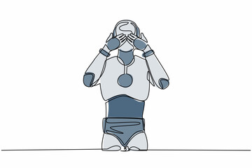 Poster - Single continuous line drawing robot standing with covering his eyes with hands because of disgust and reluctance to see something. Robotic artificial intelligence. One line design vector illustration