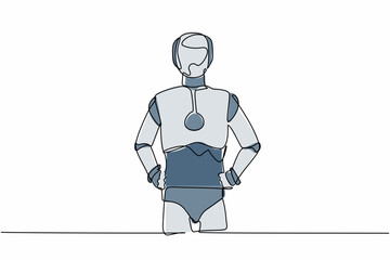 Poster - Continuous one line drawing robot standing and holding hand on hip. Confidence cyborg. Humanoid robot cybernetic organism. Future robotic development. Single line design vector graphic illustration