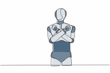 Poster - Single continuous line drawing robot standing with fist clenched, arm crossed gesture. Robotic artificial intelligence. Electronic technology industry. One line draw graphic design vector illustration