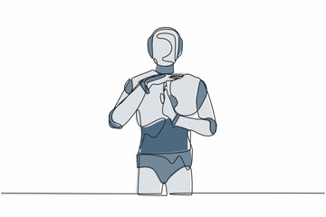 Poster - Continuous one line drawing robot standing with time break gesture, timeout signal. Pause. Stop working. Humanoid robot cybernetic organism. Future robotic. Single line draw design vector illustration