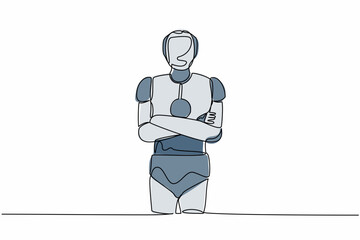 Poster - single one line drawing robot standing with folded arms pose. future technology development. artific