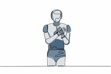 Poster - Single continuous line drawing robot standing with keeping hands on chest. Robot suffering from chest pain or heart attack. Robotic artificial intelligence. One line graphic design vector illustration
